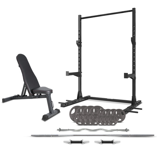 Squat Rack with 90kg Standard Tri-Grip Weight, Bar and Bench Set - FREE POSTAGE