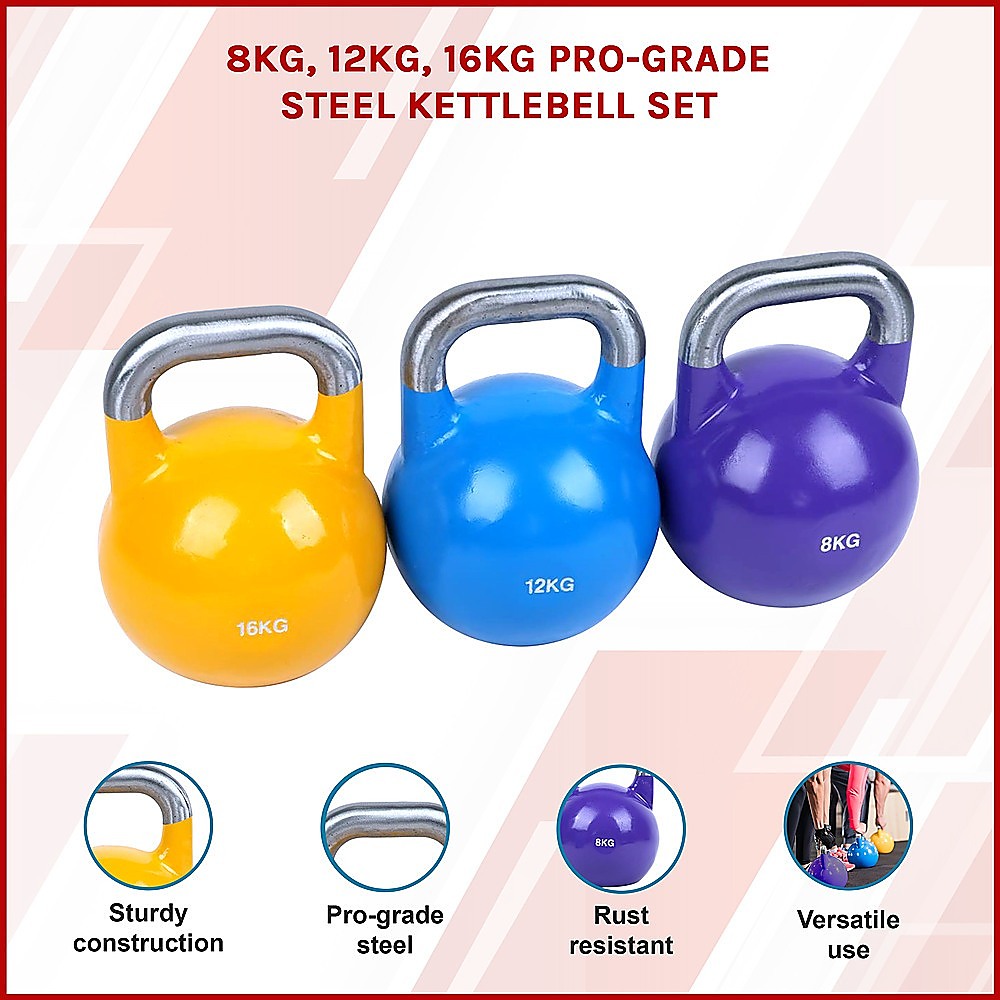 8KG, 12KG, 16KG Pro-Grade Steel KettleBell Set - FREE POSTAGE